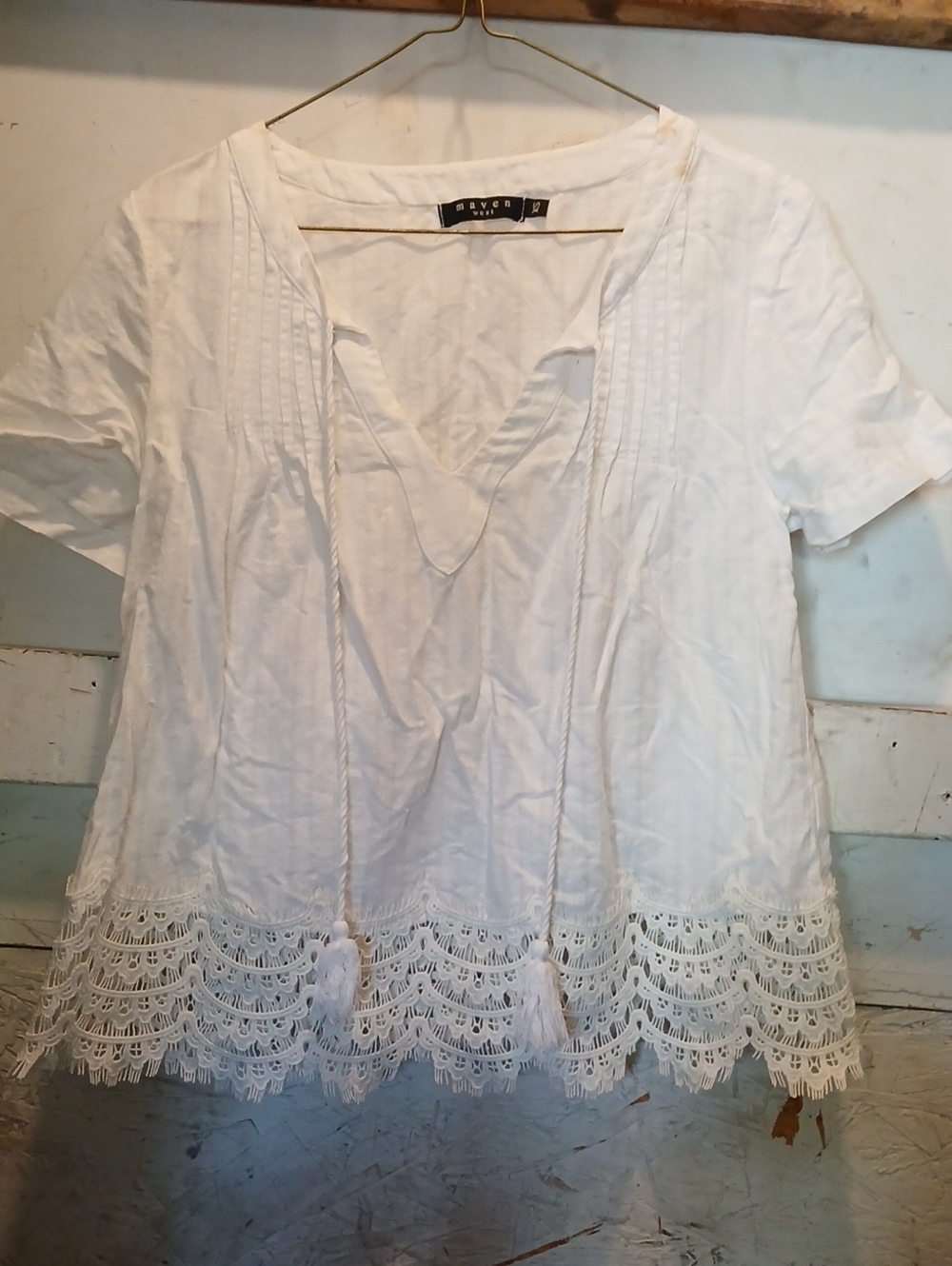Maven West White Peasant Top with Lace Hem and Tassel Ties